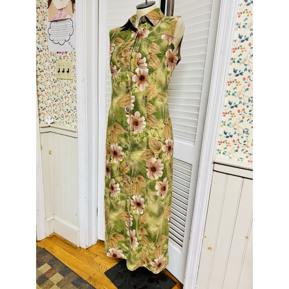Vtg Bill Blass Denim Jean‎ Button Down Midi Shirt Dress Floral Print Tan S/Small